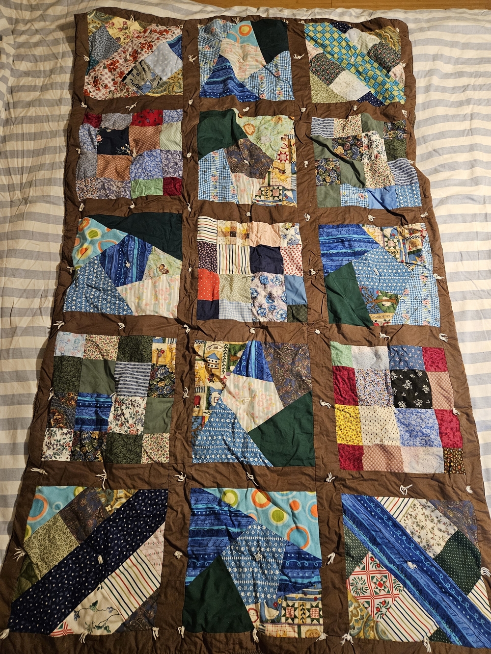 Handmade Vintage Patchwork Quilt Throw in Blue, Green, Brown